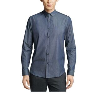 THEORY Zack Bryer Chambray Stretch Cotton Blue Long Sleeves Mens Sport Shirt  XL